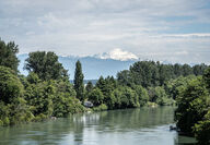 A view of the Skagit River with Mount Baker in the background